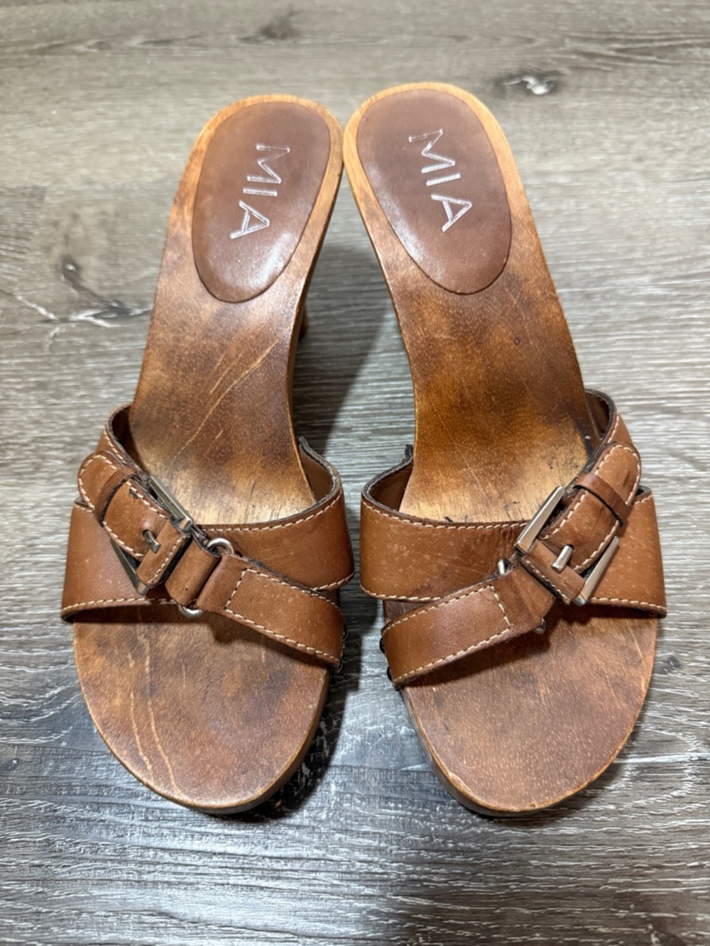 Vintage 90s MIA Leather Slide Sandals Size 8 Brown Wood Heel Coastal Cowgirl Y2K